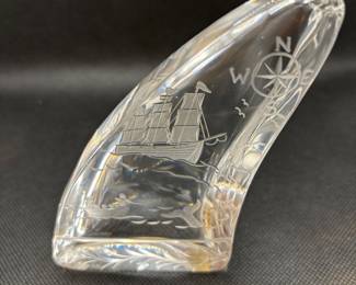 Vintage Art Glass Paperweight, Etched Sailing Ship & Compass
