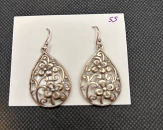 New Sterling Silver-Drop Floral Earrings, Pierced
