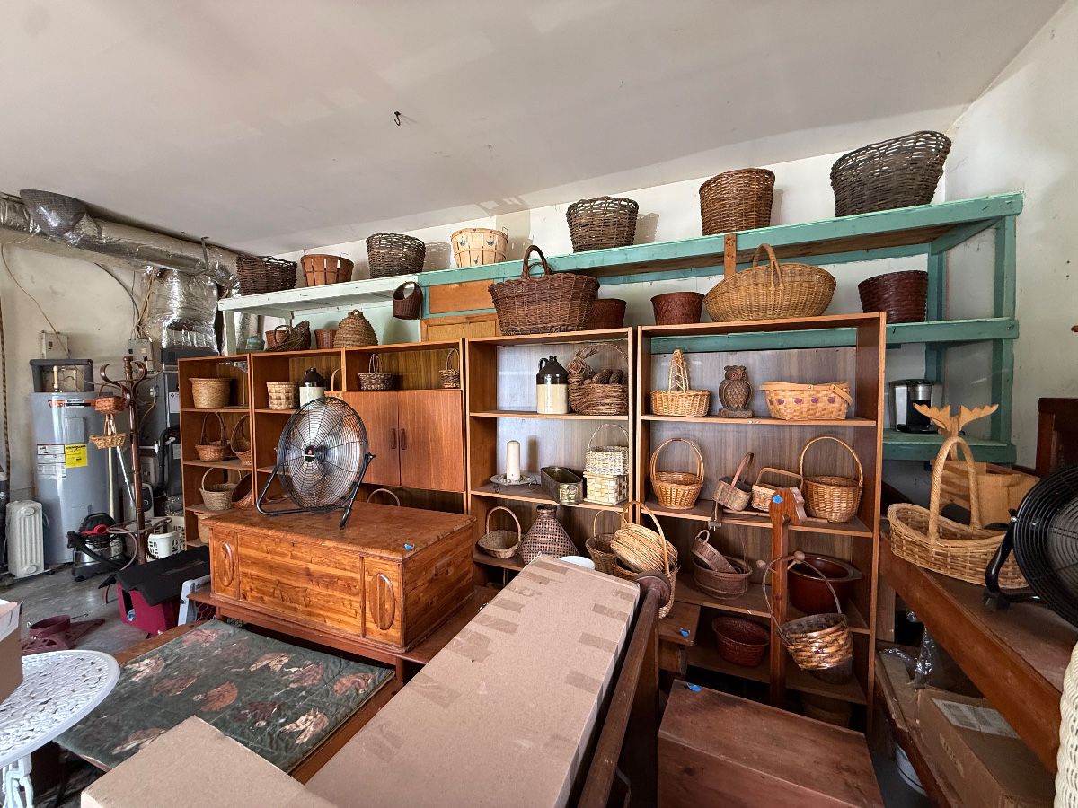 Baskets galore, bookcases, benches, stoneware