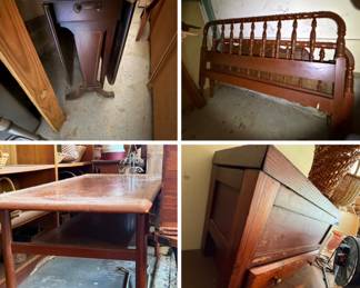 Gateleg Drop-Leaf Table, full spindle headboard/footboard, teak MCM coffee table, Primitive Pine Potato Bin / Vegetable Storage Container bin