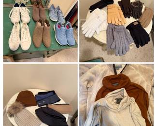 6 pair of women’s shoes- size 6 and 6 1/2, hats, gloves, earwarmers and Ariat tops 