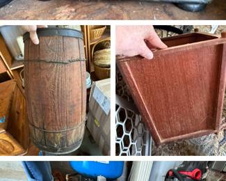 Bench, barrel container, box and antique Singer sewing machine 