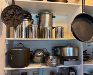Various pots, pans and kitchen equipment 