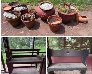 Various gardening pots, benches