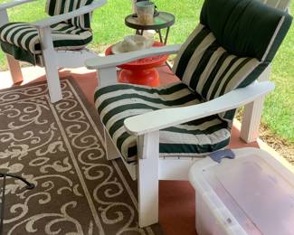 2 White Adirondack chairs with cushions.  Price:  80.00 Each
