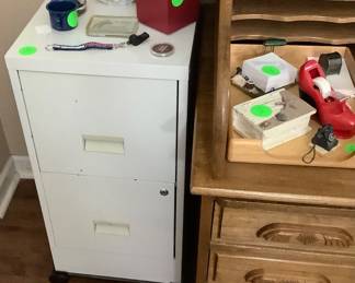 2 drawer metal filing cabinet. Roll top desk. Price: with chair: 600.00