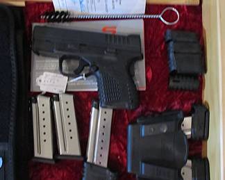 •	9mm Springfield Armory XDS Pistol w/ 5 cartridges and a double magazine pouch. 2 cases as well.
