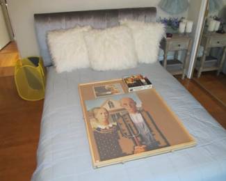Queen bed, Upholstered Headboard. Jigsaw puzzle workspace organizer with drawers
