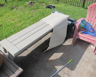 Beige bench converts into a 1/2 picnic table