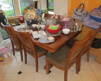 ●	Holland House Refectory Dining Table w/ 6 Upholstered Chairs + 2 Leaves
