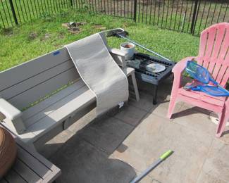 Beige bench converts into a 1/2 picnic table