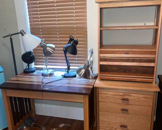 Matching set: desk and set of shelves, and multiple lamps