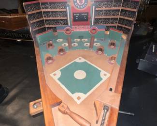 Large wooden pinball machine themed after a baseball stadium. Working condition