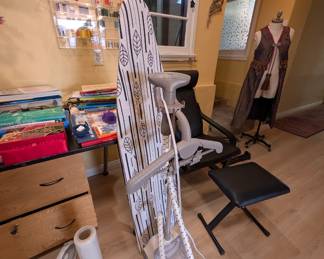 Ironing board, costuming/sewing books, furniture