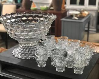 Pure party pulchidtude. This rare Fostoria punch bowl with stand and Heisey cups (more than 50) display Depression Glass at its most magnificent. Full provenance to date both to the mid-30s! s