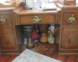 1930s waterfall dressing table with brass swallow drawer pulls. Charming, functional, and rare.