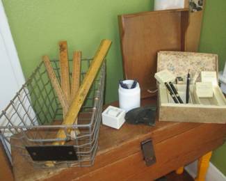Vintage and antique office items, including a RARE Dennison's No. 91 box with partial contents! Also vintage pens, rulers, wire 'inbox', a 30s ceramic 'stamp licker' and stapler.