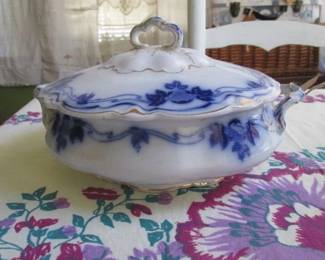 Flow Blue tureen: one of many Flow Blue pieces! Platters, milk jug, dinner plates. Rare charm.