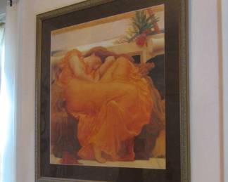Flaming June print, large, beautifully framed. Pre-Raphaelite grace and color.