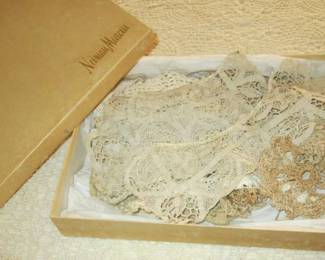 A box of the most exquisite crochet lace pieces: collars, cuffs, doilies, trim. Date from the Victorian Age to the 1930s. Selling ONLY as a lot, but the Neiman Marcus box comes along for free.  :)
