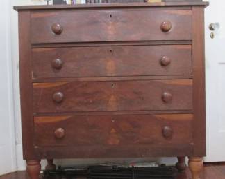 Oak 4-drawer chest. Farmhouse feet and hand-worked, dovetail joinery. 1840s-1880s. All original!