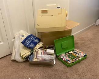 Vintage Singer Sewing Machine with Lots Of Thread Vintage Fabric Transfers and More