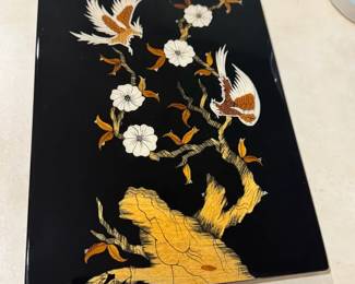 Wood Inlayed  Black Lacquered Persian Wall Hanging