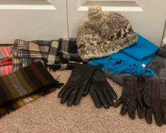 Flannel and Woven Scarves with Leather Womens Gloves and Knit Hat