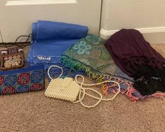 Two Pashmina Style Scarves and Tasseled Scarf with Decorative Coin Purses