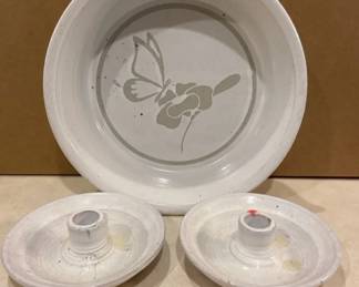 Pottery Candle Stick Holders And Signed Bowl
