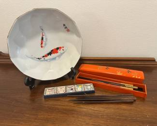 Japanese Chopsticks With Case  Koi Fish Serving Bowl