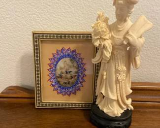 Antique Persian Miniature Hand Painted Art With Asian Lady Resin Statue