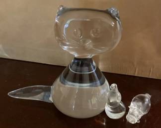 Signed Glass Cat Quail And Pig Figurines