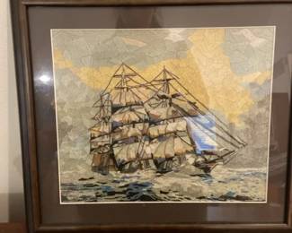 Framed Hand Beaded Sailboat Art