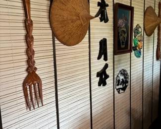 oriental art and large wooden fork and spoon