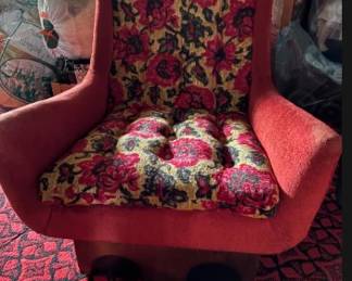 1960s vintage arm chair red with red floral upholstery