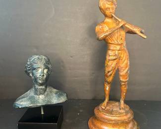 Bronze Bust of a Woman and Carved Wood Figure of a Flutist