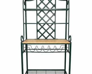 Green Wrought Iron Style Baker's Rack with Wood Top and Wine Holders