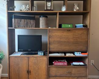 Mid-Century Modern Oak Bookcase and Desk Unit with Drop-Down Bar