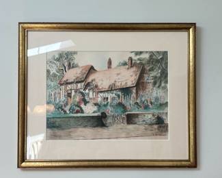 Watercolor Painting of a Thatched-Roof Cottage by L. Wood