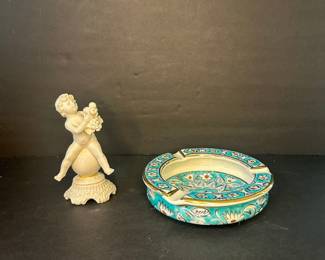 Vintage Capodimonte Porcelain Cherub Figurine and Greek Floral Ashtray