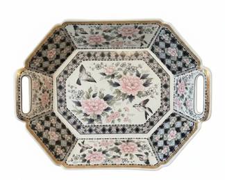 Vintage Octagonal Serving Platter with Peonies and Birds