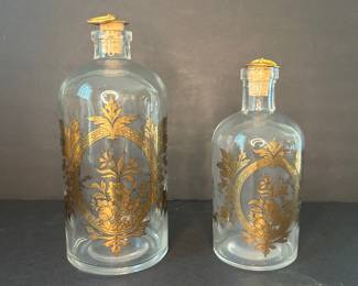 Vintage Etched Glass Apothecary Bottles with Gilt Overlay