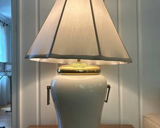 White Ceramic Ginger Jar Table Lamp with Brass Accents and Handles