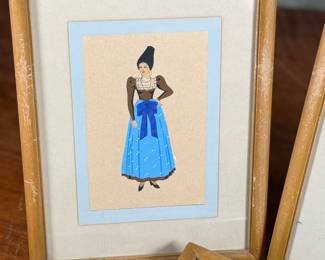 This lot features five (5) framed illustrations depicting women in local costumes in various regions of Italy (1930s) by listed artist, Giovanni Meschini. Each piece measures in frame, 9” H x 7” W.