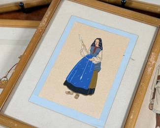 This lot features five (5) framed illustrations depicting women in local costumes in various regions of Italy (1930s) by listed artist, Giovanni Meschini. Each piece measures in frame, 9” H x 7” W.