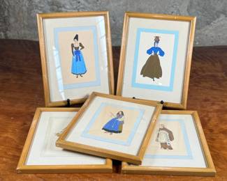 This lot features five (5) framed illustrations depicting women in local costumes in various regions of Italy (1930s) by listed artist, Giovanni Meschini. Each piece measures in frame, 9” H x 7” W.