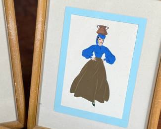 This lot features five (5) framed illustrations depicting women in local costumes in various regions of Italy (1930s) by listed artist, Giovanni Meschini. Each piece measures in frame, 9” H x 7” W.