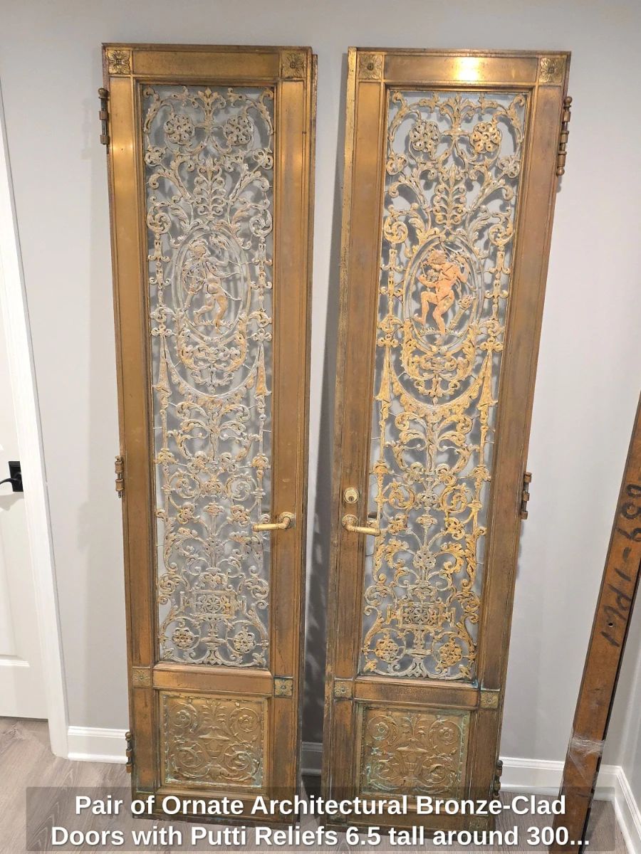 Pair of Ornate Architectural BronzeClad Doors with Putti Reliefs 6.6 tall around 300lb each