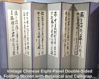 Vintage Chinese EightPanel DoubleSided Folding Screen with Botanical and Calligraphy Motifs second image